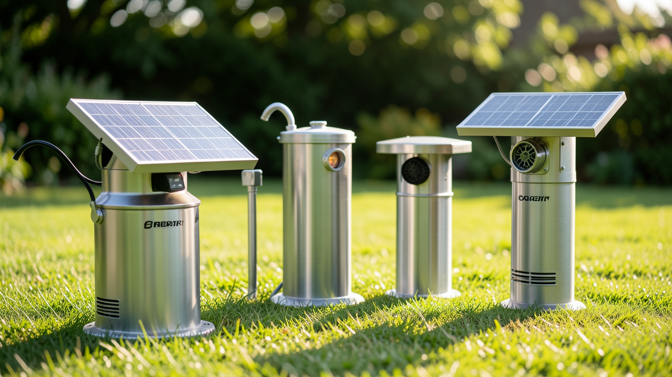 pompe de jardin solaire différents types exposées en extérieur sur une pelouse bien entretenue