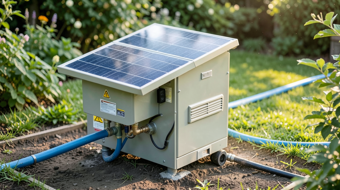 pompe de jardin solaire en cours d'installation avec tuyau d'arrosage connecté
