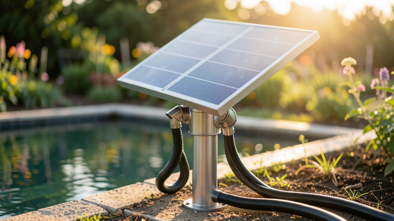 pompe de jardin solaire moderne posée près d'un bassin avec panneaux photovoltaïques