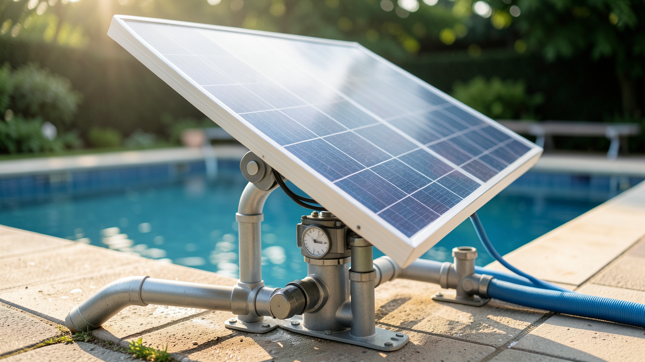 pompe de piscine solaire installée près d'une piscine extérieure avec panneau solaire