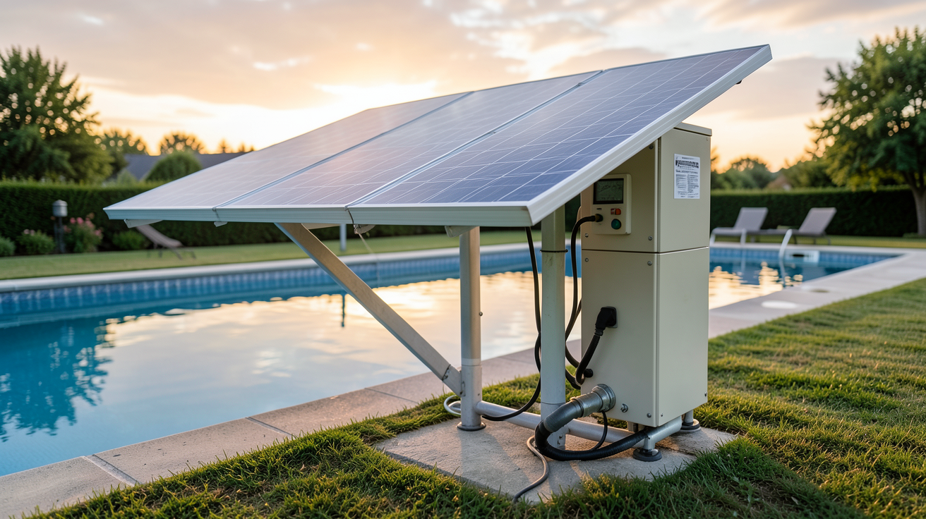 pompe de piscine solaire installée en extérieur près d'une piscine avec panneaux solaires