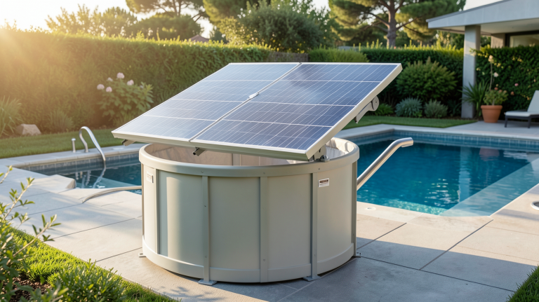 pompe de piscine solaire installée en extérieur près d'une piscine moderne