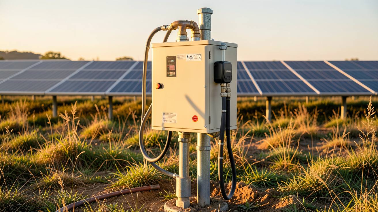 pompe eau solaire installée dans un champ ensoleillé avec panneaux photovoltaïques en arrière-plan