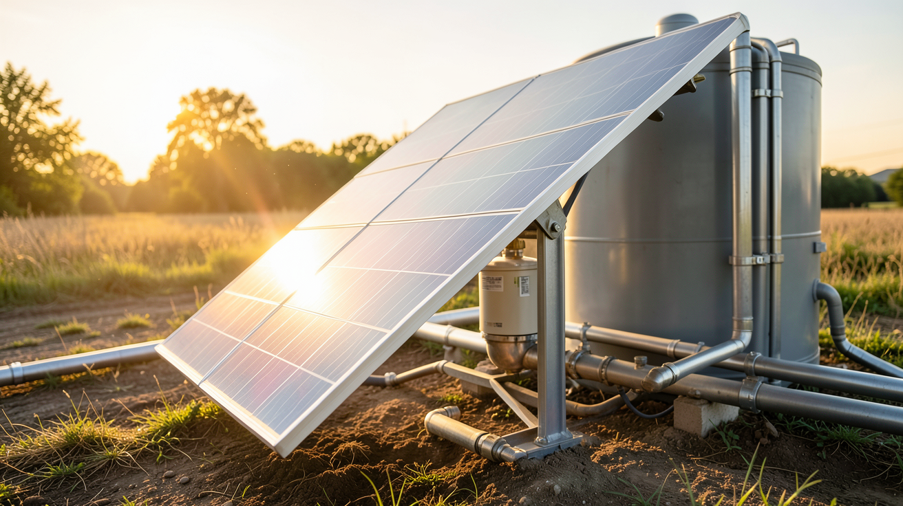 pompe à eau solaire en fonctionnement avec panneau photovoltaïque et réservoir d'eau