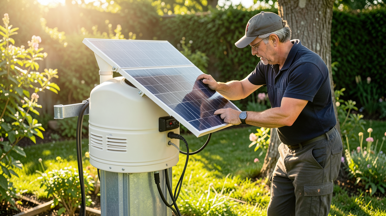 pompe à eau solaire en cours d'installation dans un jardin avec un technicien professionnel