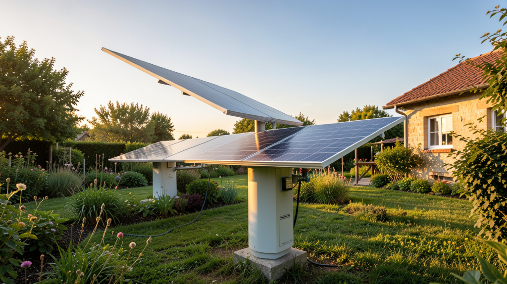 pompe eau solaire installée dans un jardin de maison rurale avec panneaux photovoltaïques