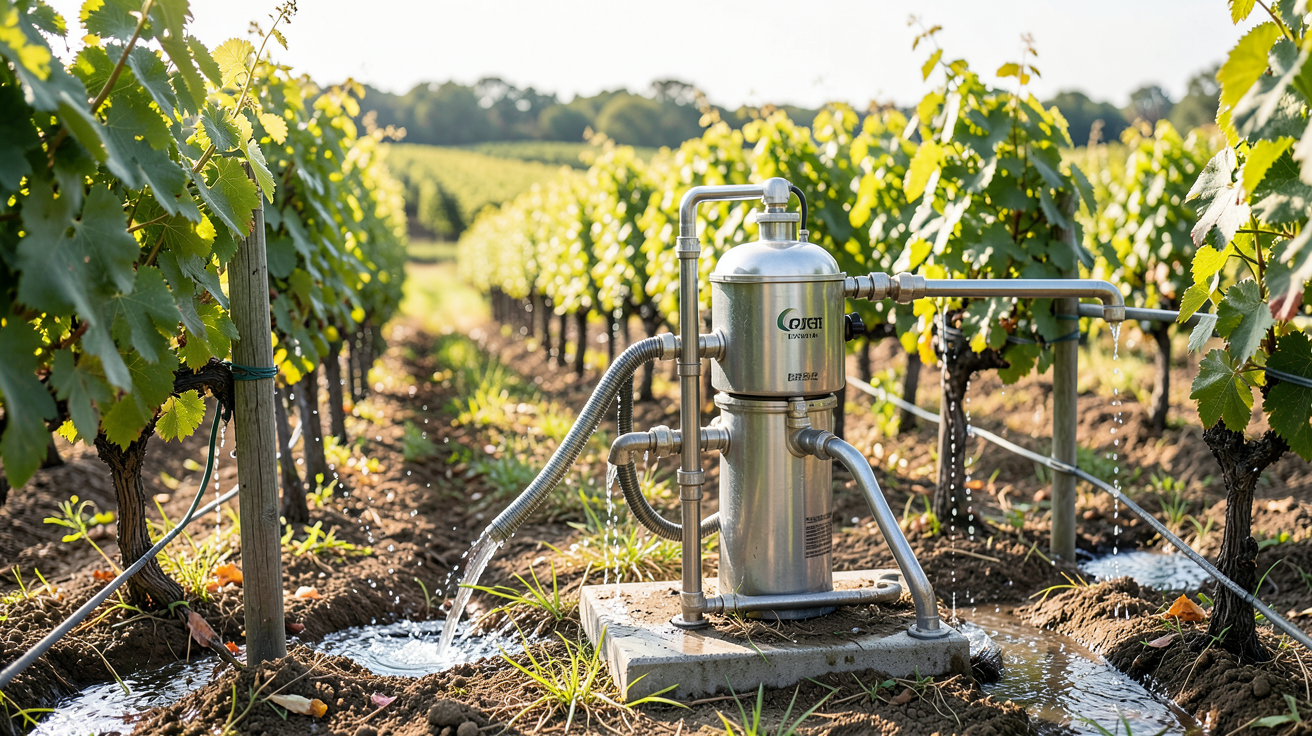 pompe lorentz en action dans un vignoble, assurant l'irrigation viticole avec le modèle PSk2