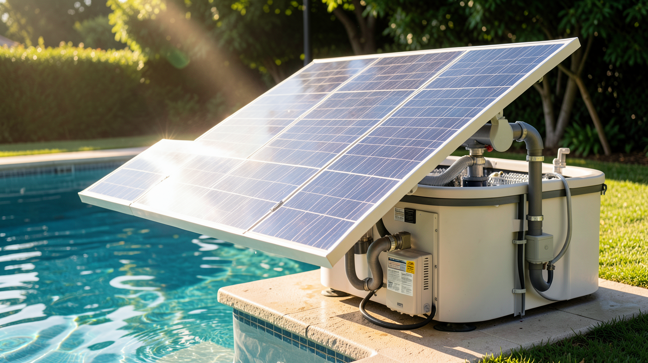 pompe piscine solaire en fonctionnement avec panneaux solaires et système de filtration visible