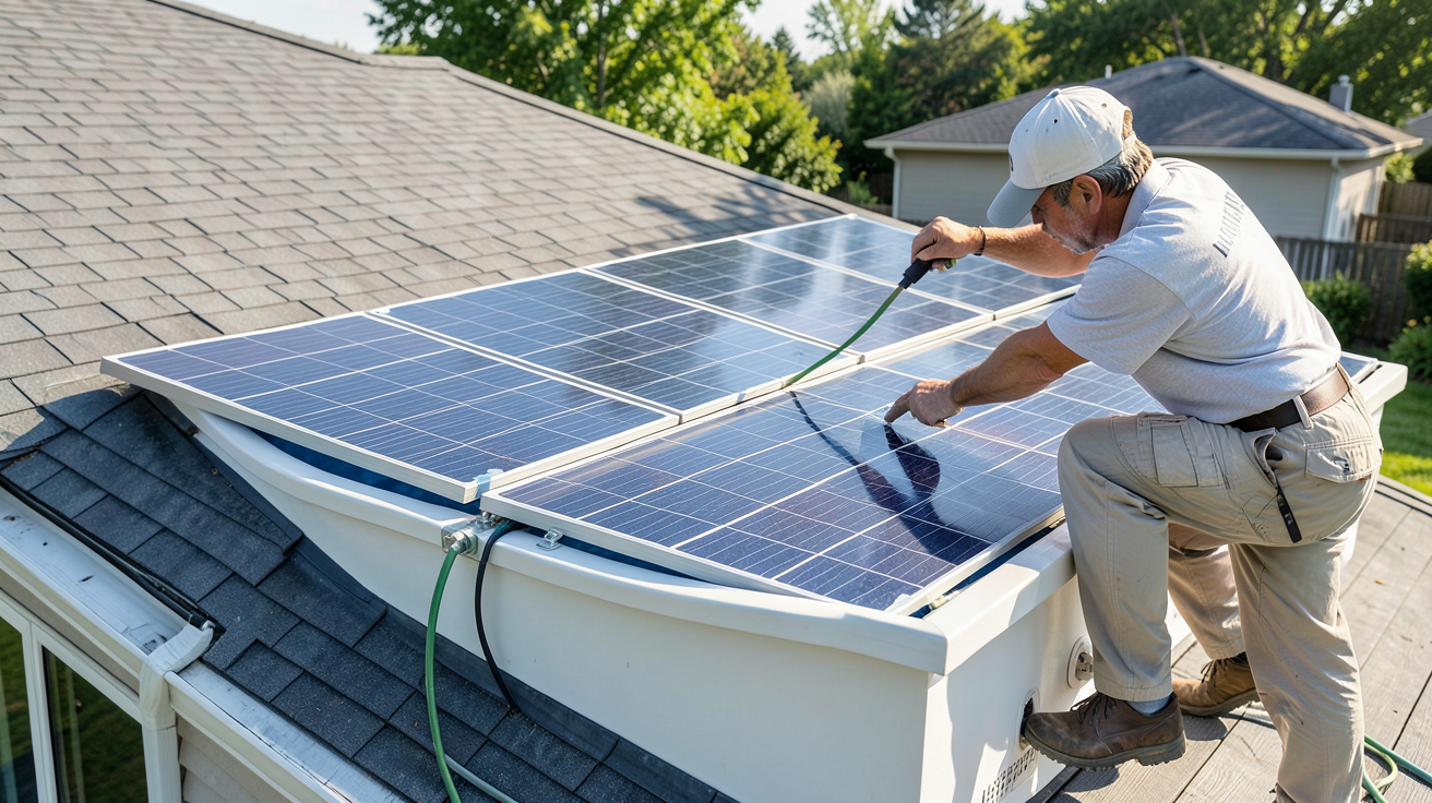pompe piscine solaire installation étape par étape avec un professionnel fixant les panneaux solaires sur un toit