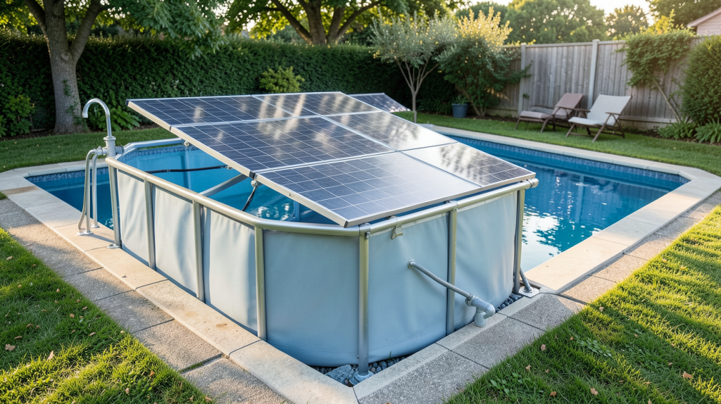 pompe piscine solaire installée en extérieur près d'une piscine rectangulaire
