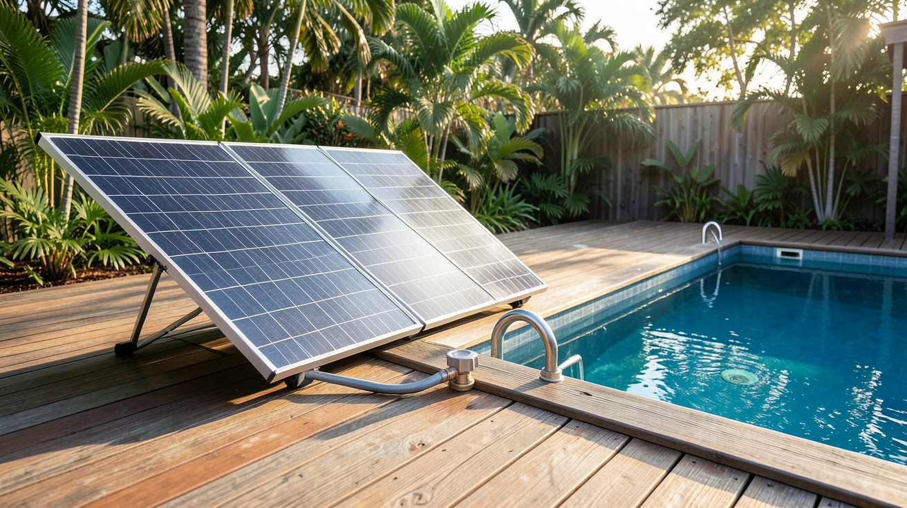 pompe piscine solaire avec kit complet et panneaux solaires sur une terrasse en bois