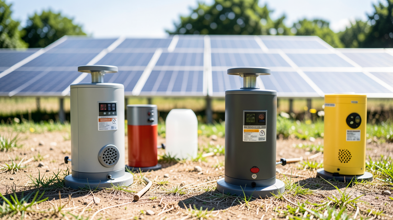 pompe solaire différents types installation extérieure avec panneaux photovoltaïques en arrière-plan