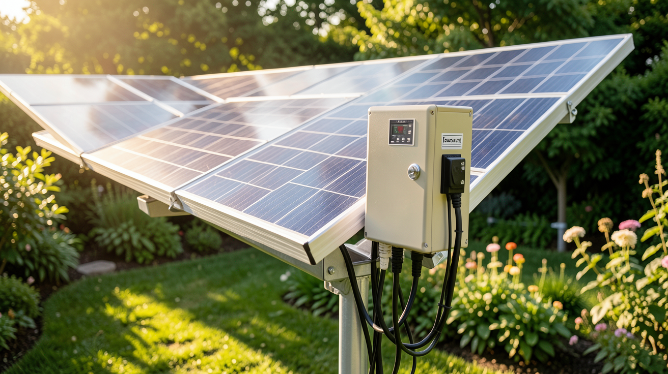 pompe solaire installée dans un jardin ensoleillé avec des panneaux photovoltaïques en arrière-plan