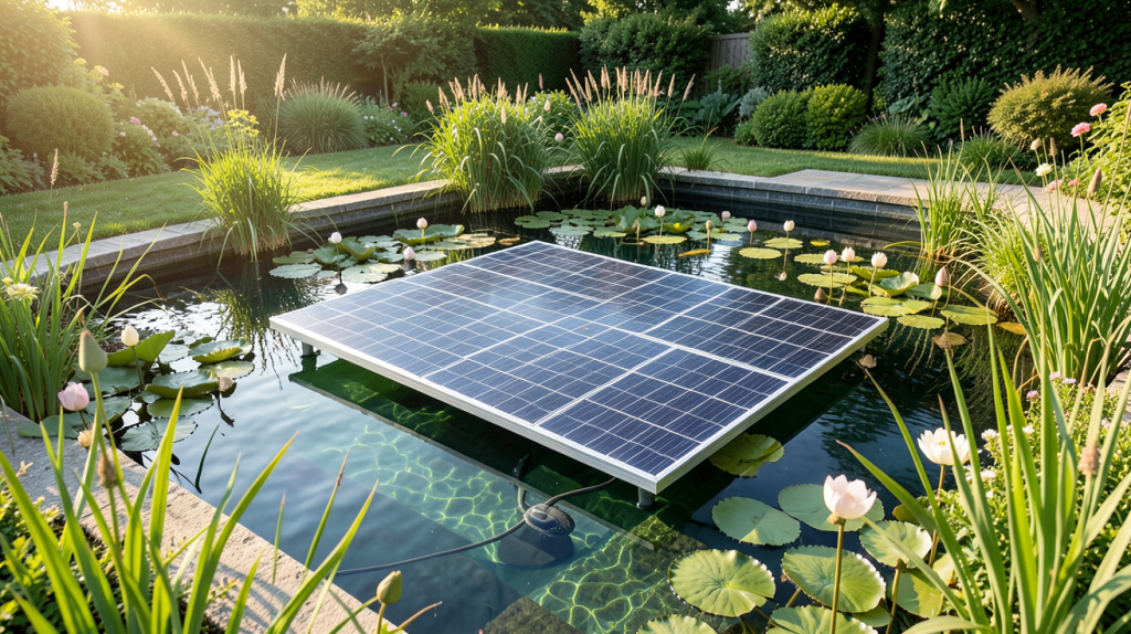 pompe solaire immergée dans un bassin de jardin avec plantes aquatiques et nénuphars