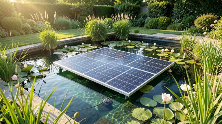 pompe solaire immergée dans un bassin de jardin avec plantes aquatiques et nénuphars