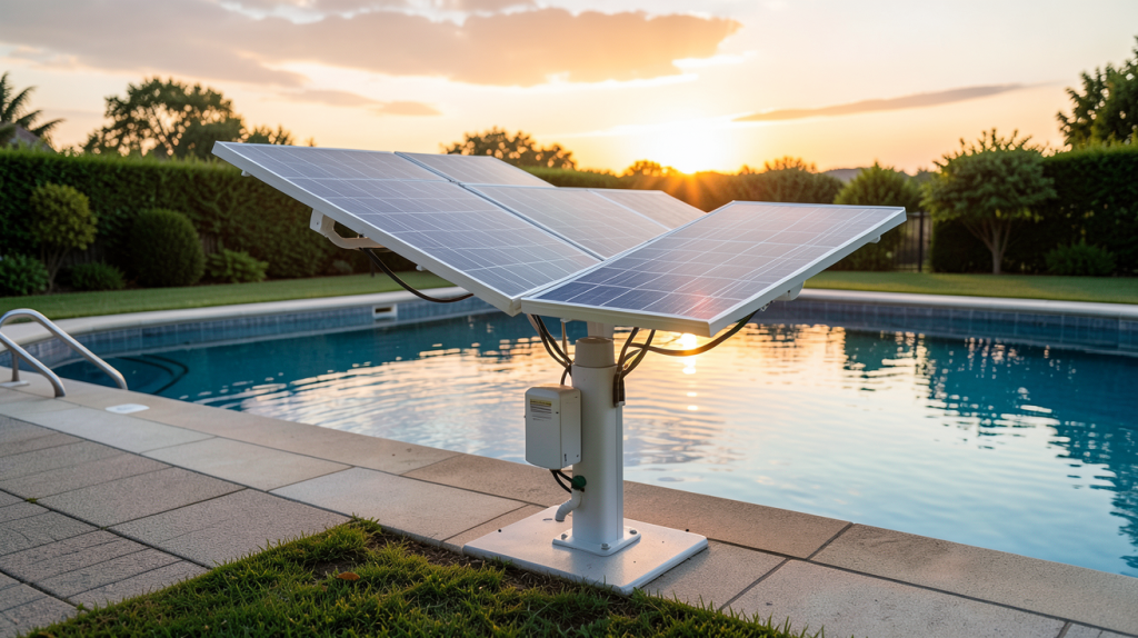pompe solaire pour piscine installée en bordure d'une piscine extérieure