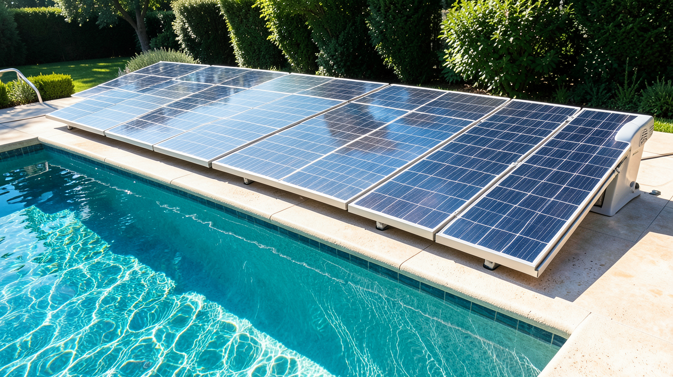 pompe solaire pour piscine et ses panneaux photovoltaïques installés au bord d'un bassin bleu