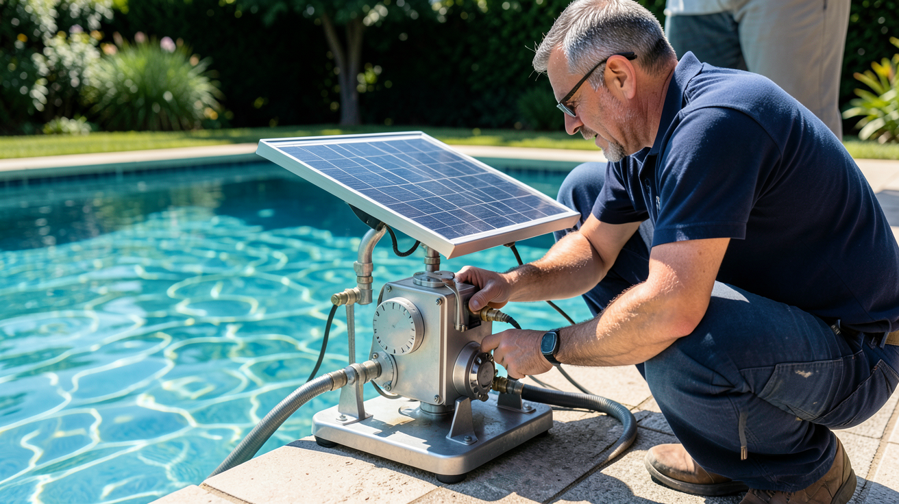 pompe solaire pour piscine en cours d'installation par un spécialiste à côté d'un bassin