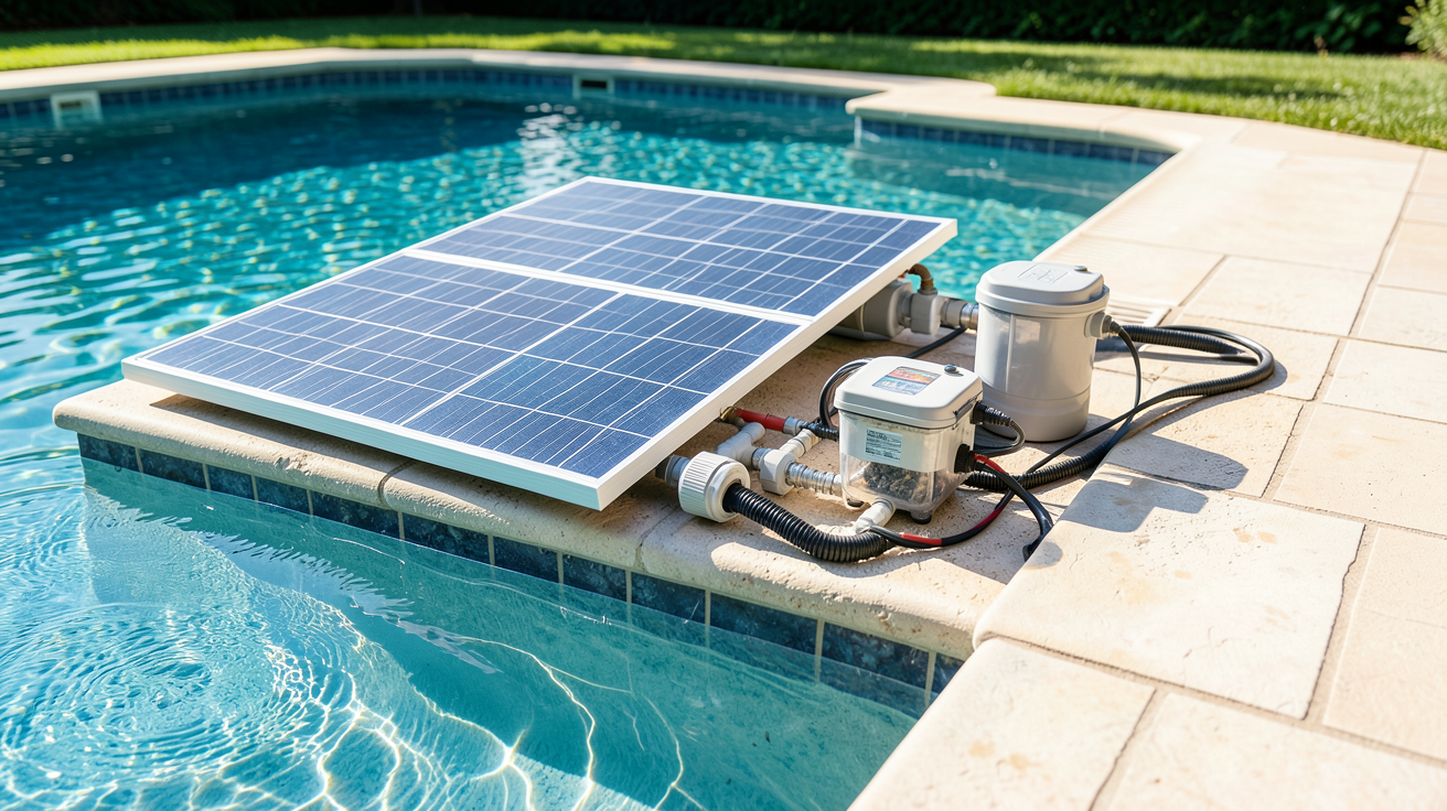 pompe solaire pour piscine avec son kit d'installation complet installé près d'un bassin