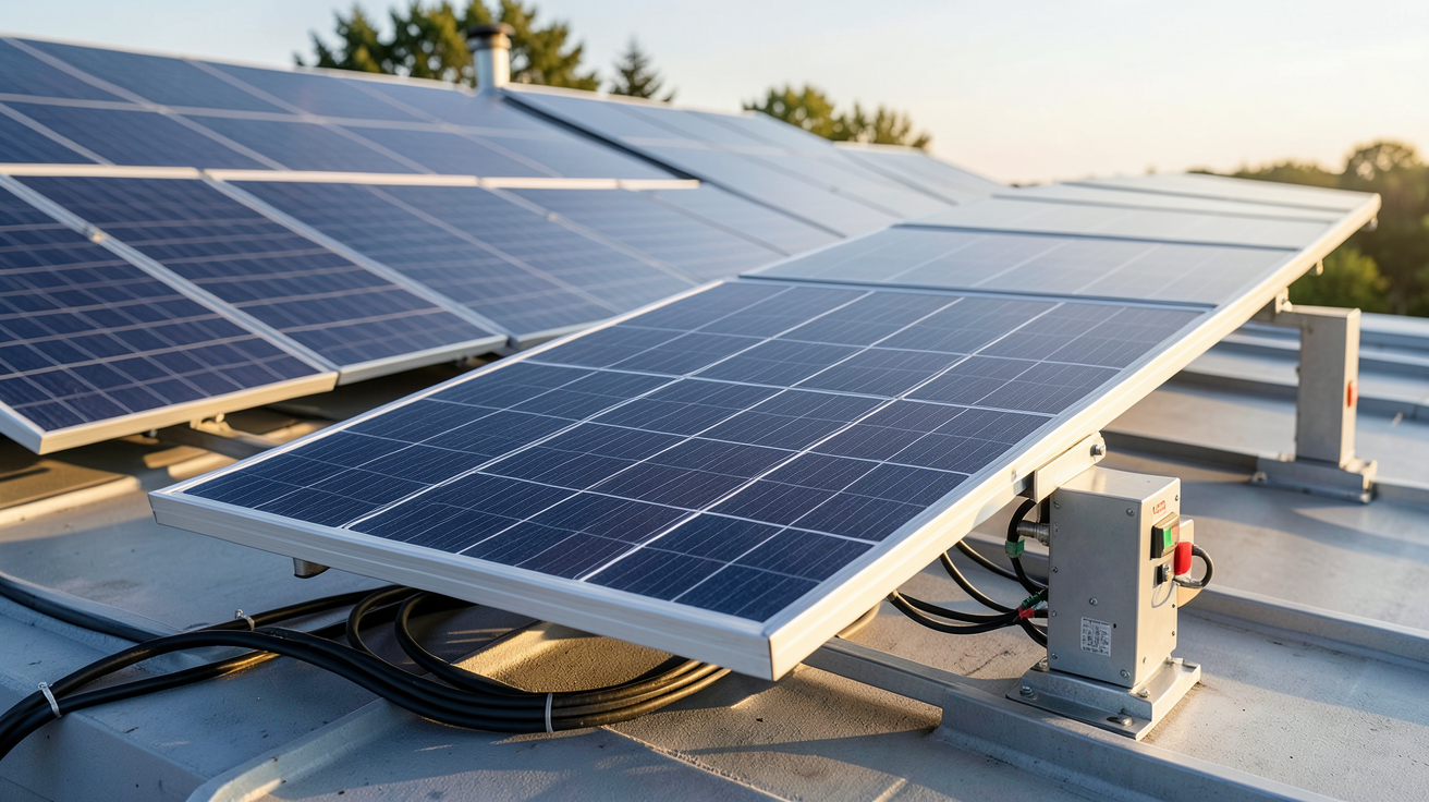 pompe solaire installée sur un toit avec panneaux photovoltaïques, illustrant les coûts d'installation et les accessoires nécessaires