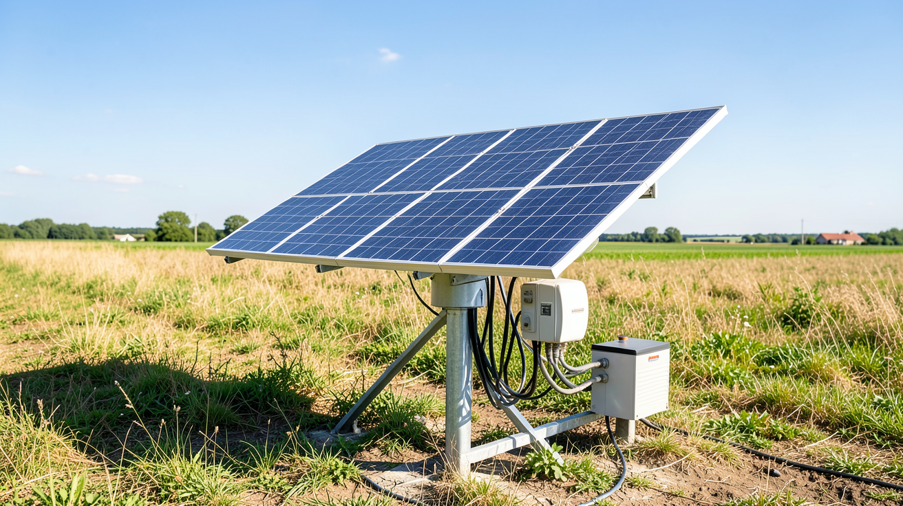 pompe solaire prix avec panneaux solaires, batterie et onduleur dans un champ ensoleillé