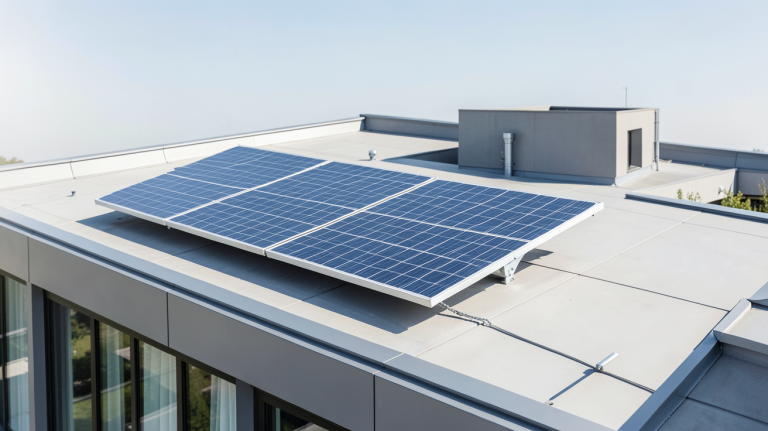 pompe solaire prix montrée en situation réelle avec la pompe fixée sur un toit en tuiles sous un ciel ensoleillé, rendu professionnel et détaillé