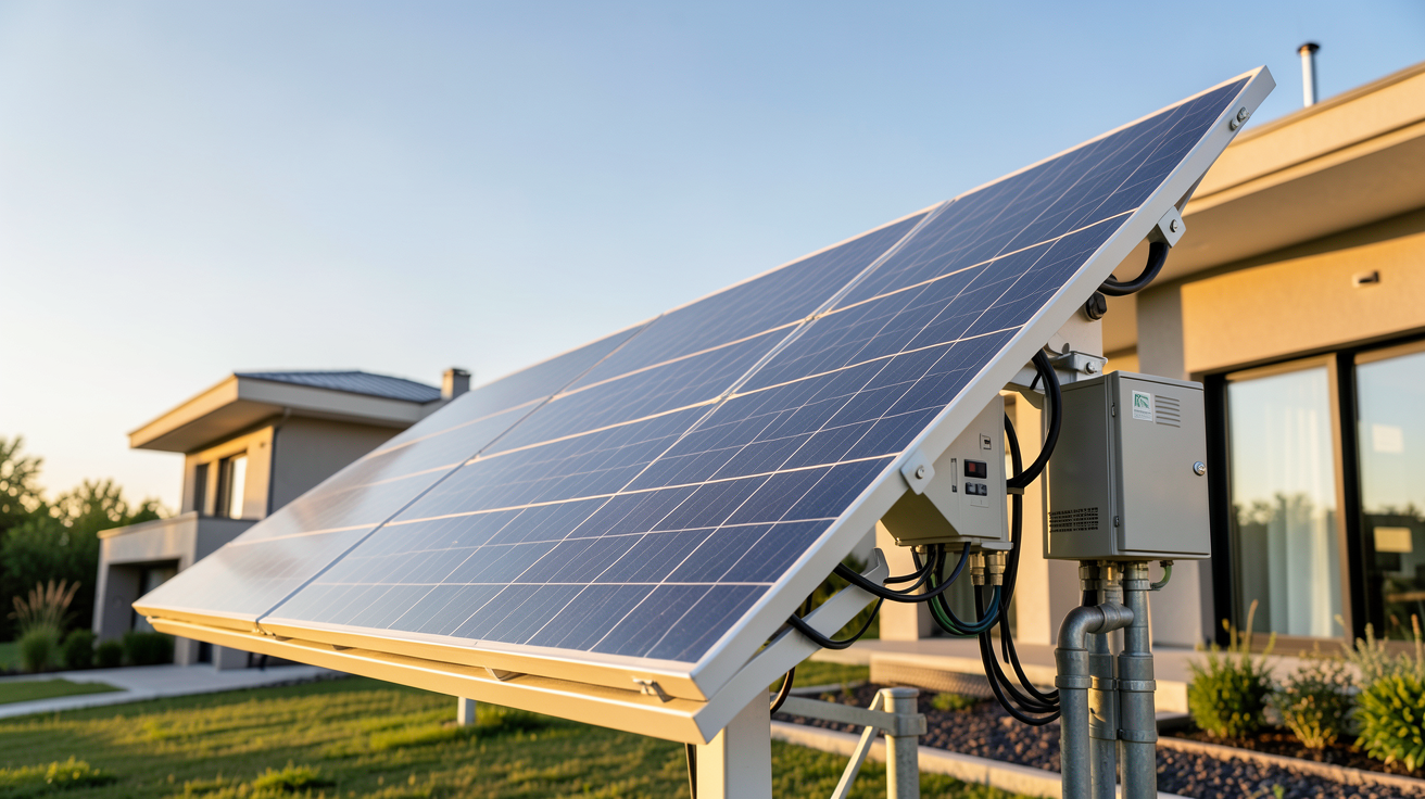 pompe solaire puissante installée en extérieur près d'une maison moderne avec panneaux photovoltaïques