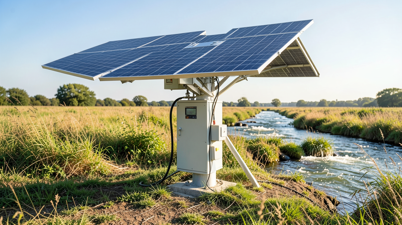 pompe solaire puissante installée dans un champ ensoleillé, panneaux solaires visibles et tuyauterie, illustrant son fonctionnement au quotidien