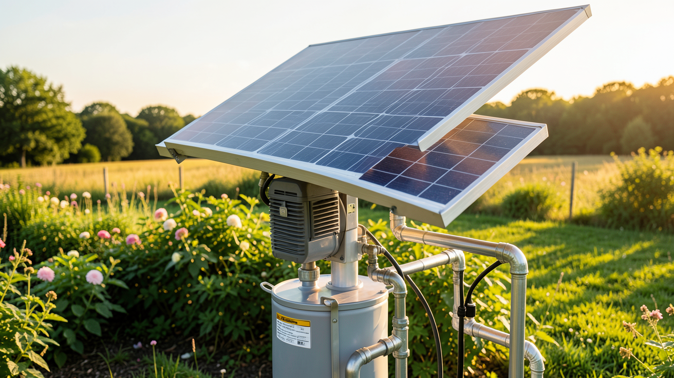 pompes solaires en fonctionnement avec panneau photovoltaïque et système d'irrigation extérieur