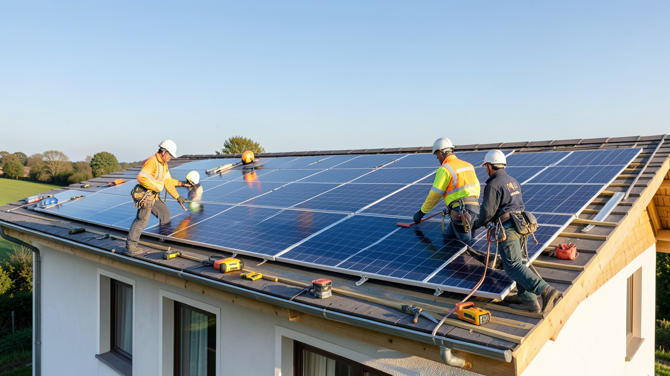 pose de panneau solaire début chantier sur le toit d'une maison individuelle avec ouvriers équipés