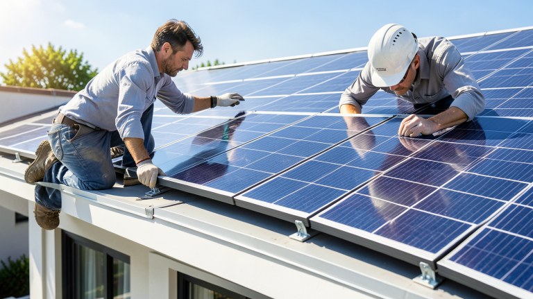 pose de panneau solaire par un installateur professionnel sur le toit d'une habitation