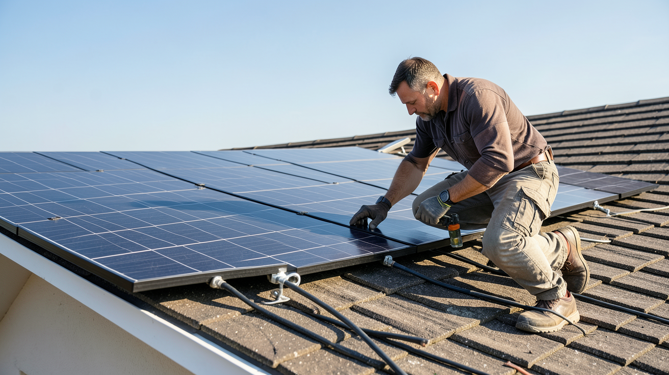 pose de panneau solaire prix : installateur en train de fixer des panneaux photovoltaïques sur un toit de maison