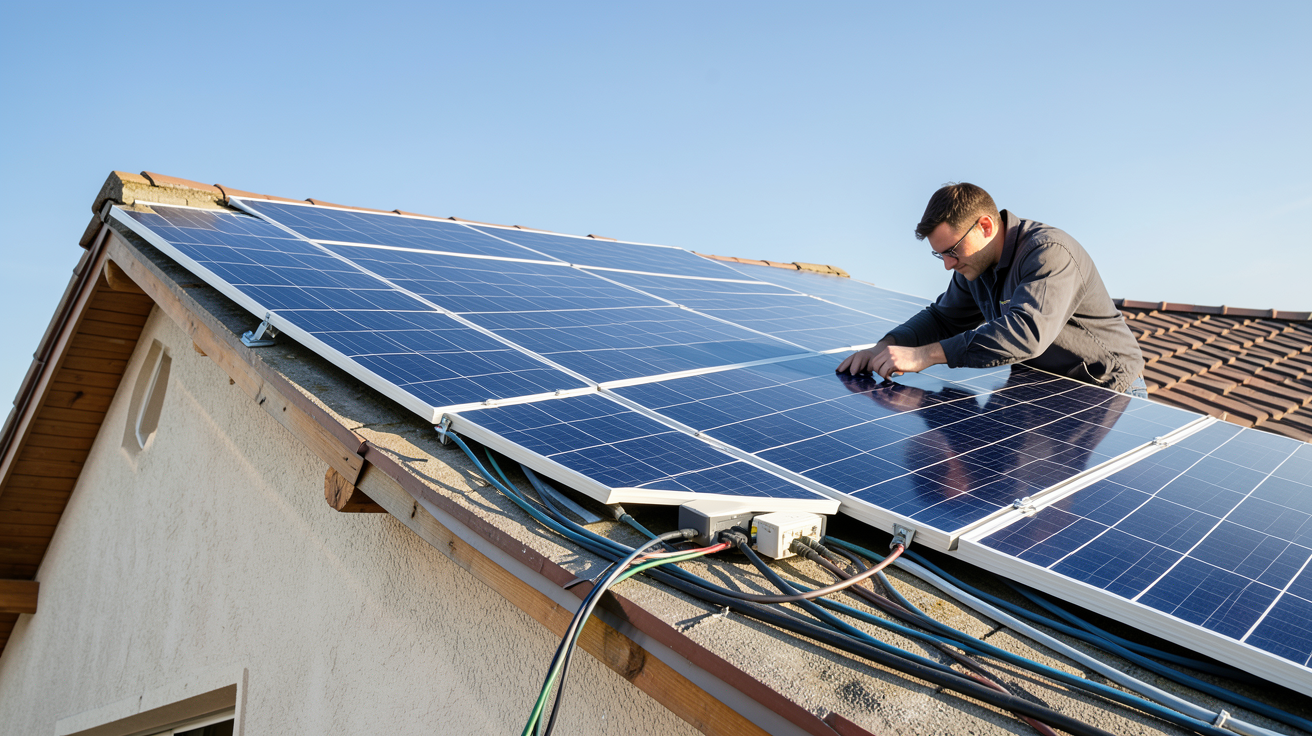 pose de panneau solaire sur toit avec technicien vérifiant les connexions électriques