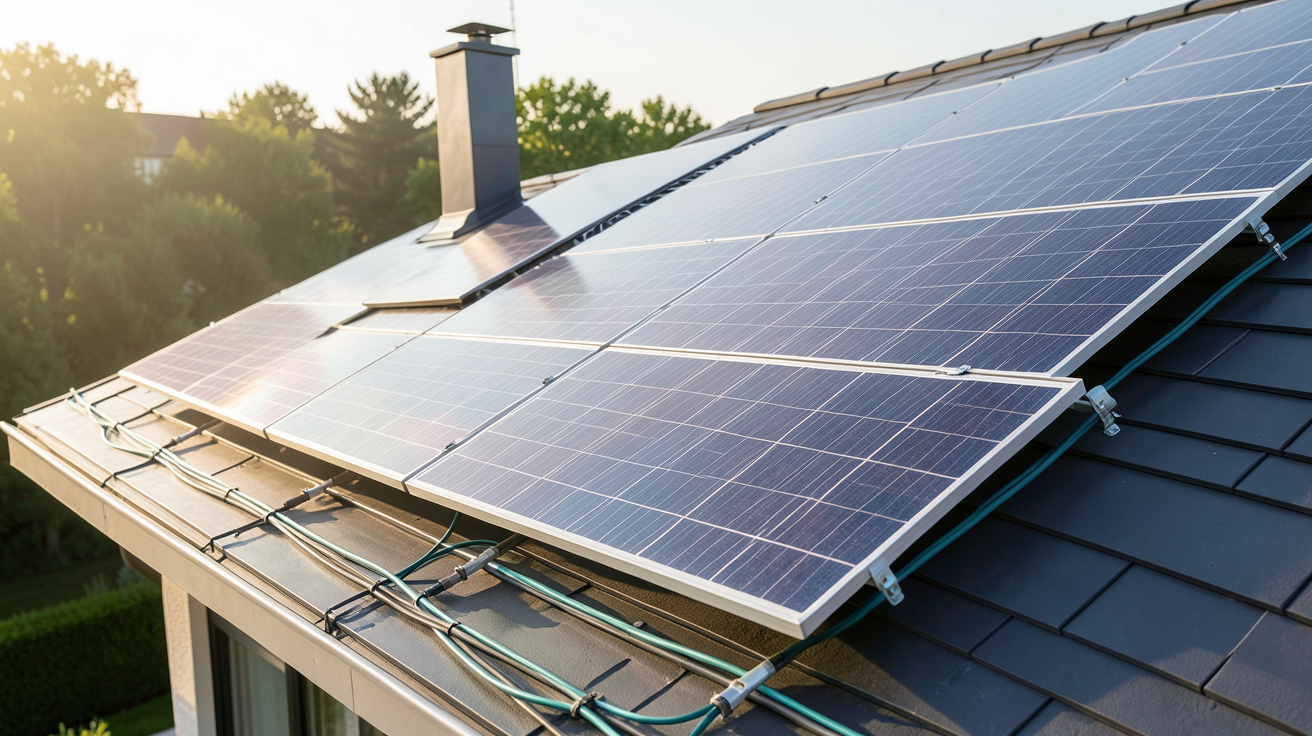 pose de panneau solaire sur la toiture d'une maison moderne avec vue sur le ciel dégagé