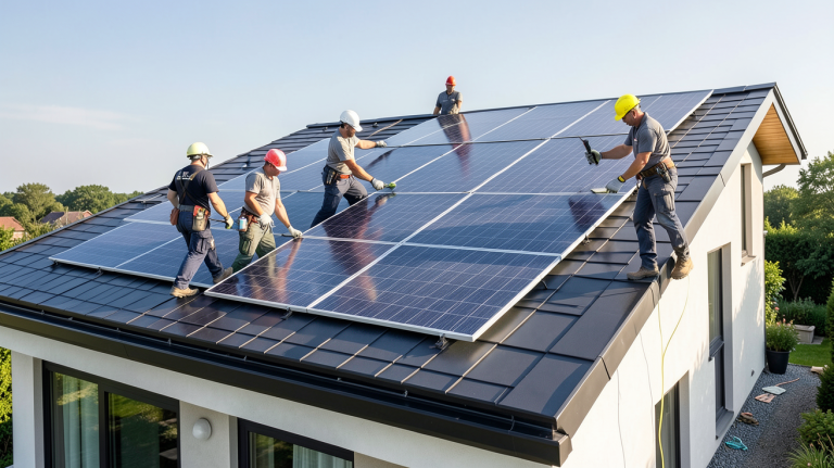 pose de panneaux photovoltaique sur le toit d'une maison moderne par des experts