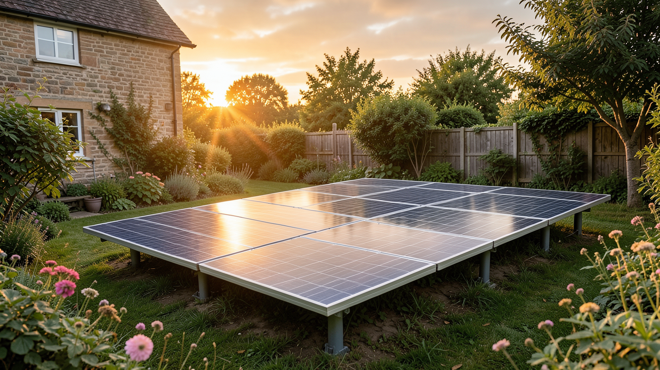 pose de panneaux photovoltaïques au sol dans un jardin de maison rurale