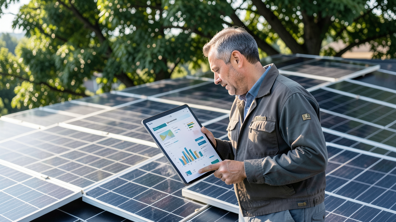 pose de panneaux photovoltaïques étude de faisabilité avec technicien analysant consommation, ensoleillement et contraintes techniques