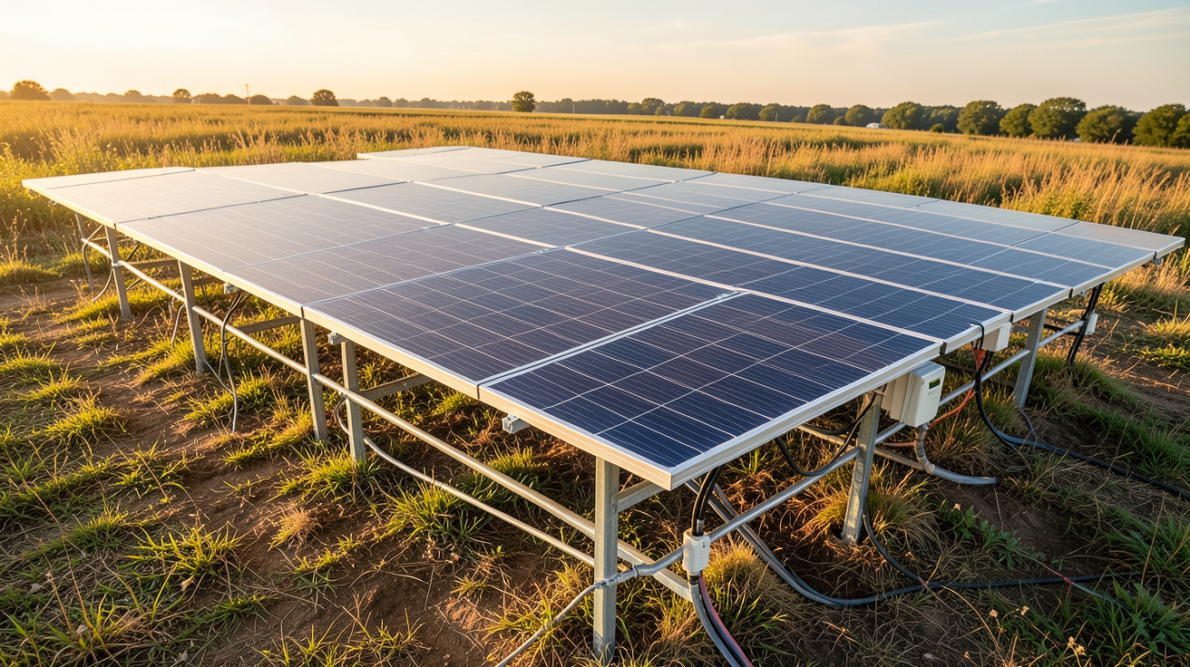 pose de panneaux photovoltaïques installation au sol 2024 montrant des panneaux solaires alignés sur des structures métalliques dans un champ ensoleillé