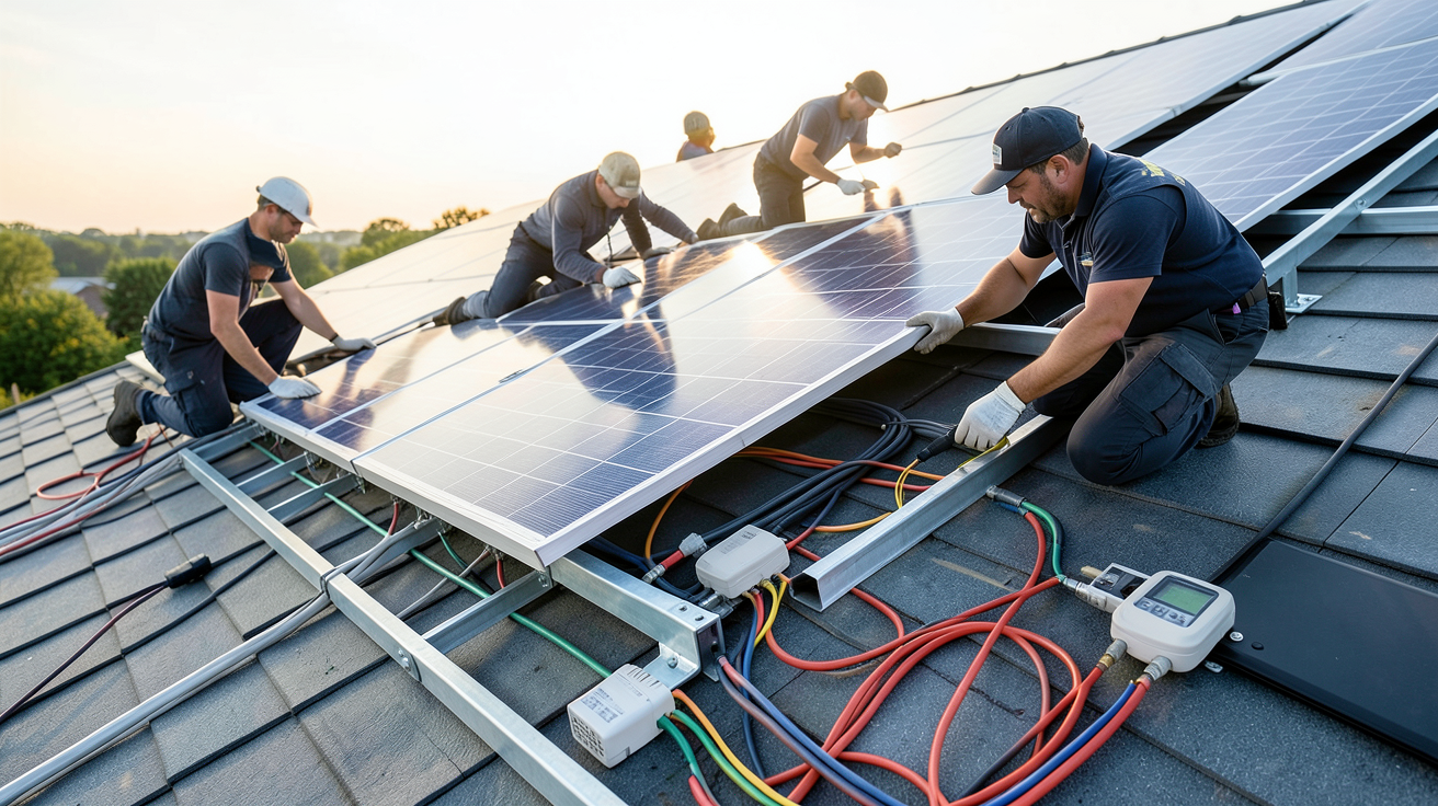 pose de panneaux photovoltaïques : installation des structures de fixation, pose des panneaux solaires, câblage DC et mise en place de l'onduleur