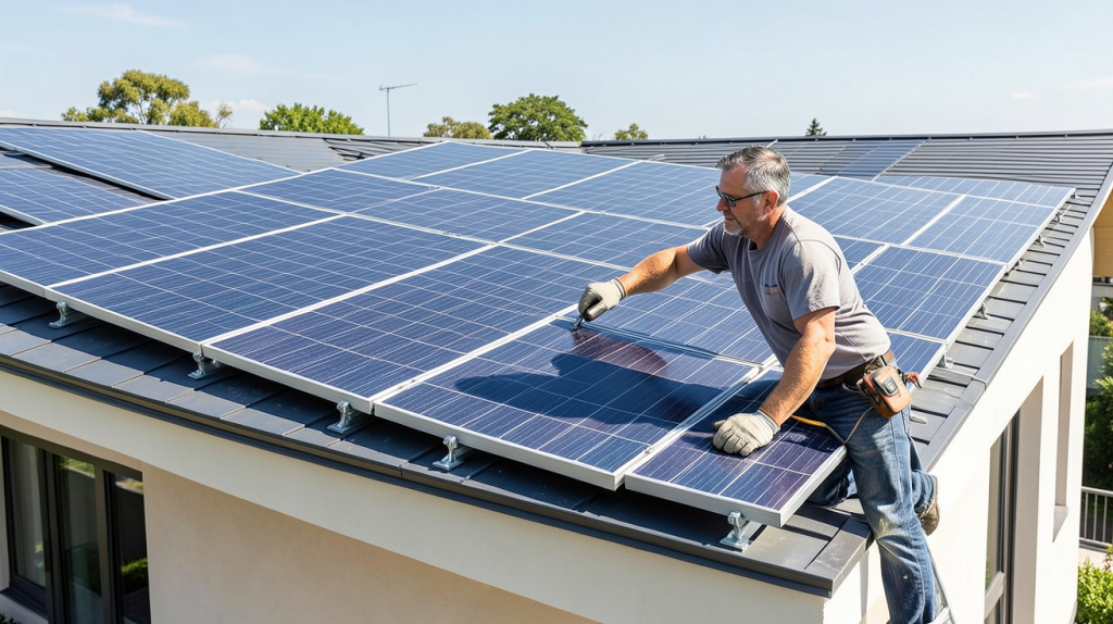 pose de panneaux photovoltaïques sur le toit d'une maison par un technicien