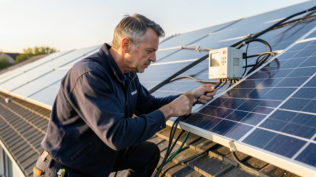 pose de panneaux photovoltaïques : technicien raccordant l'installation au réseau électrique avec un boîtier ENEDIS