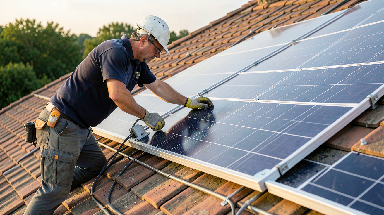 pose de panneaux solaires sur toiture : technicien installant des panneaux photovoltaïques sur une toiture en tuiles