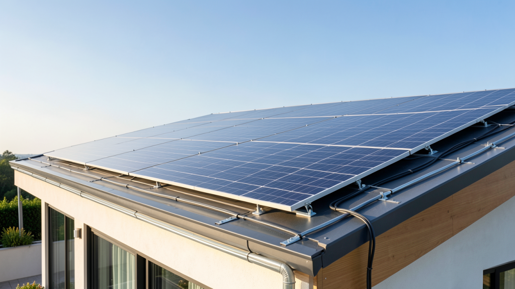 pose de panneaux solaires sur toiture d'une maison contemporaine en cours d'installation