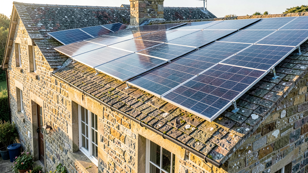 pose de panneaux solaires sur toiture ardoise d'une maison traditionnelle
