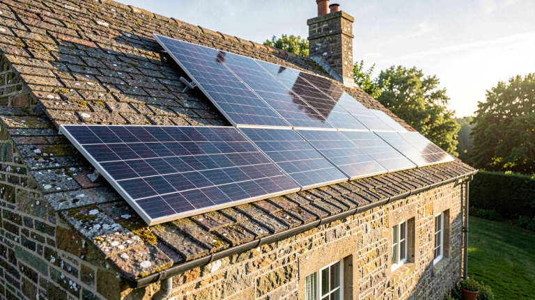 pose de panneaux solaires sur une toiture en ardoise d'une maison traditionnelle