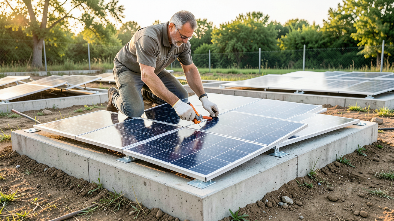 pose de photovoltaïque : étapes d'installation de panneaux solaires au sol avec fixation des rails sur fondations