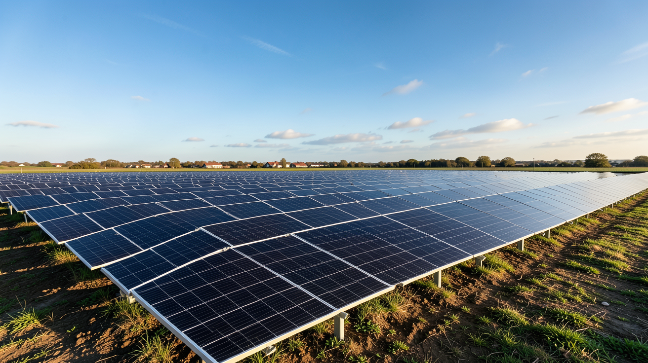 pose de photovoltaique installation au sol avec panneaux solaires noirs alignés en rangées dans un champ dégagé