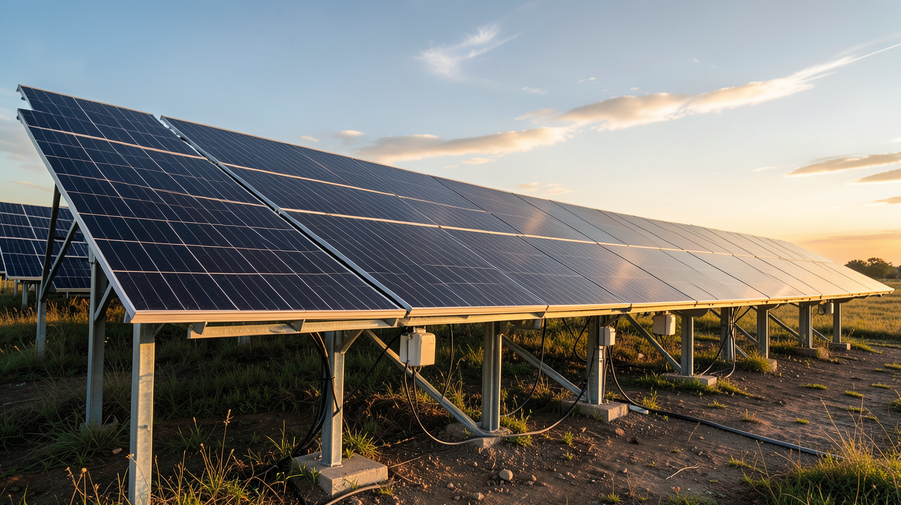 pose de photovoltaïque installation au sol montrant des panneaux solaires noirs alignés sur une structure métallique en plein champ