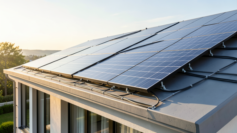pose de photovoltaïque sur le toit d'une maison moderne avec panneaux solaires noirs et structure métallique