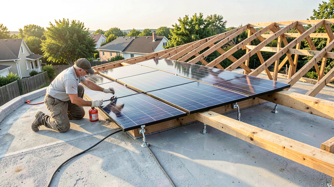 pose panneau photovoltaïque sur toit fibrociment avec charpente limite dans une maison en Charente-Maritime